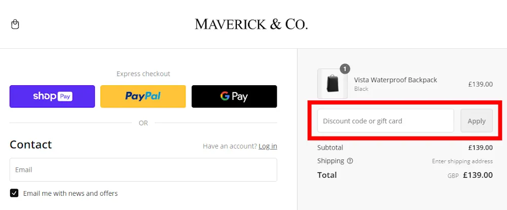 Screenshot where to enter a Maverick & Co discount code on maverickandco.co
