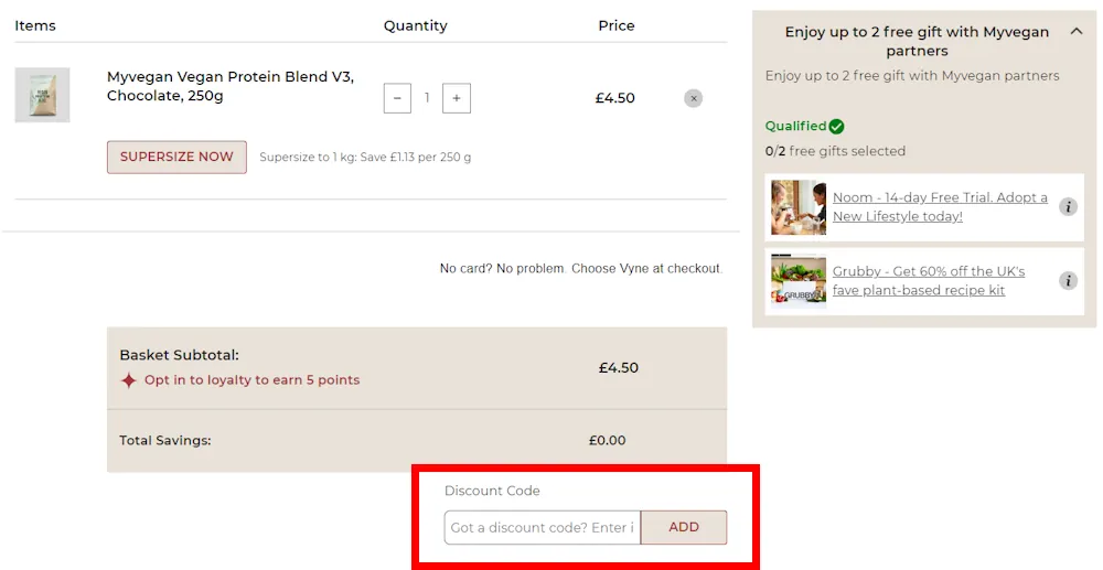 Screenshot showing where to apply a Myvegan promo code during checkout on www.myvegan.com.
