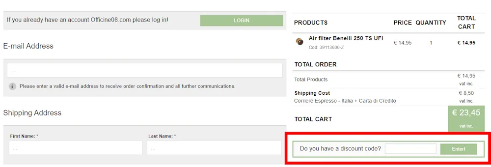 Screenshot showing where to apply a Officine08 promo code during checkout on www.officine08.com.