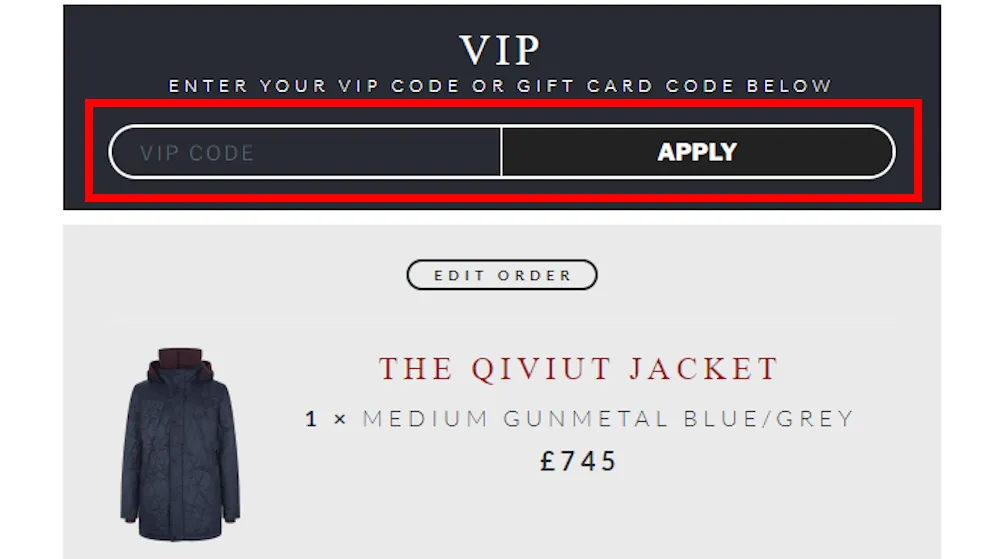 Screenshot showing where to apply a Qiviut & Co promo code during checkout on qiviutandco.com.