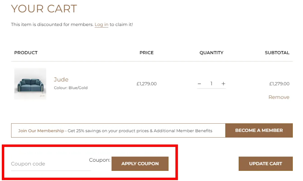 Screenshot showing where to apply a ROOBBA promo code during checkout on www.roobba.com.