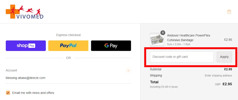 Instructions on where to enter a discount code on www.vivomed.com