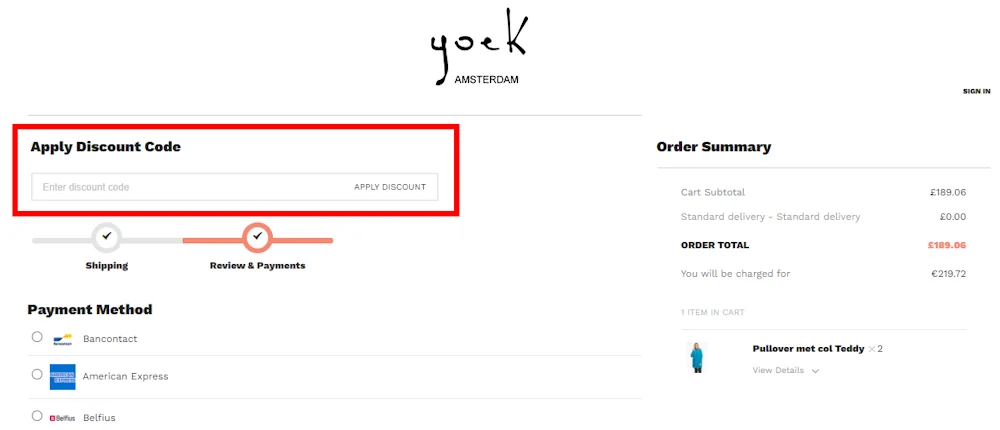 Screenshot showing where to apply a Yoek promo code during checkout on www.yoek.co.uk.