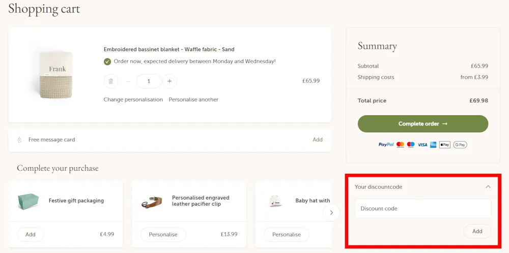 Instructions how to enter a discount code for YourSurprise on www.yoursurprise.co.uk