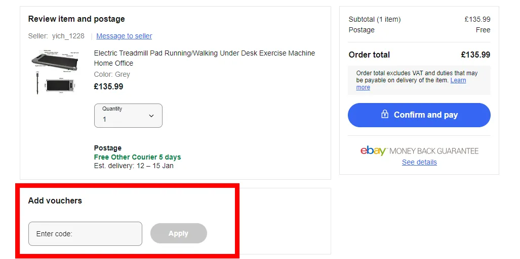 Screenshot showing where to apply a ebay promo code during checkout on www.ebay.co.uk.