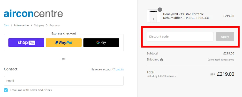Screenshot showing where to apply a Air Con Centre code on www.airconcentre.co.uk.