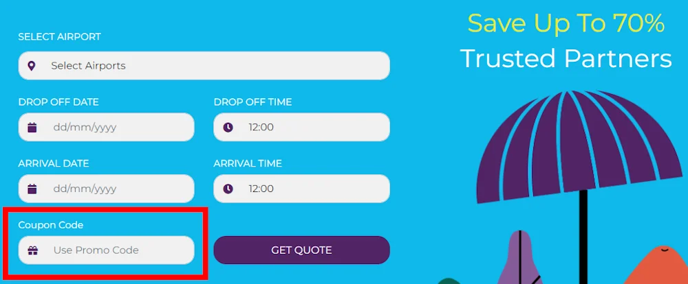 Screenshot showing where to apply a Airport Parking Deals promo code during checkout on airportparkingdeals.uk