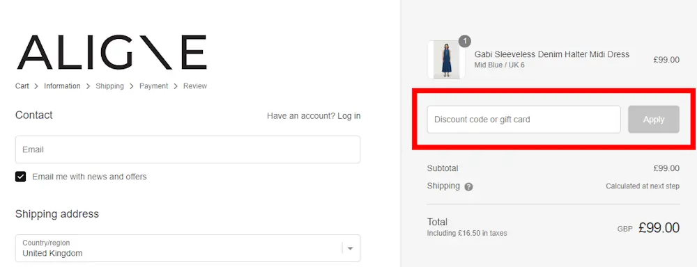 Screenshot showing where to apply a Aligne code on aligne.co
