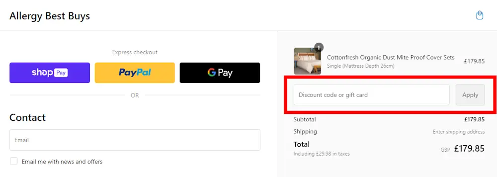 Screenshot showing where to apply a Allergy Best Buys promo code during checkout on www.allergybestbuys.co.uk.