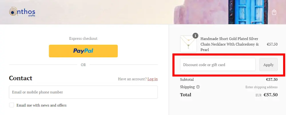 Screenshot showing where to apply a Anthos Crafts promo code during checkout on www.anthoshop.gr