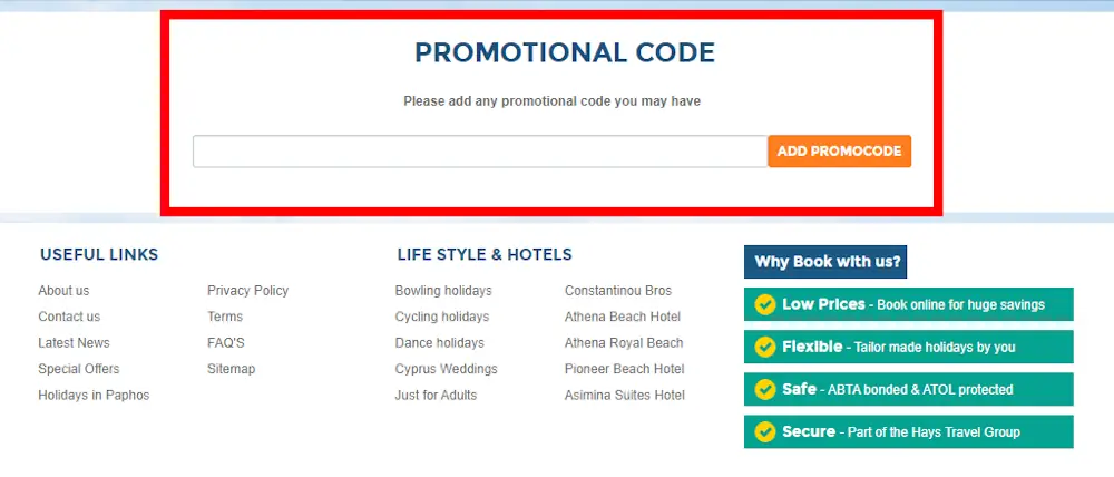 Screenshot showing where to apply a Athena Beach Holidays code at checkout on athenabeachholidays.com