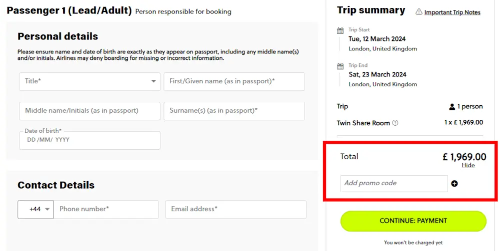 Screenshot showing where to apply a Contiki promo code during checkout on www.contiki.com.