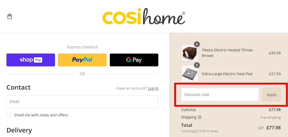 Screenshot showing where to apply a Cosi Home promo code during checkout on cosihome.com.