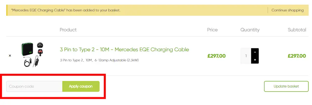 Screenshot showing where to apply a EV King promo code during checkout on www.evcableshop.co.uk.