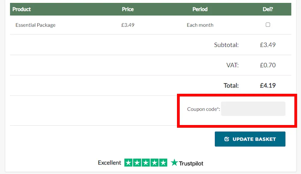 Screenshot showing where to apply a Eco Web Hosting promo code during checkout on www.ecowebhosting.co.uk.