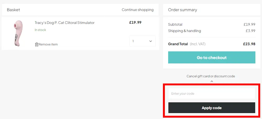 Screenshot showing where to apply a Sinful code on www.sinful.co.uk