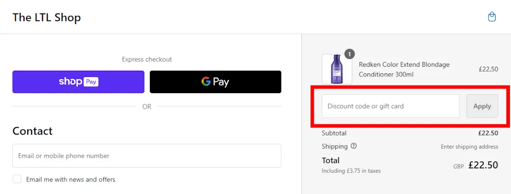 Screenshot showing where to apply a The LTL Shop code at checkout on theltlshop.com