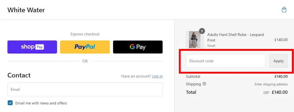 Screenshot how to enter a discount code for White Water Robes on www.whitewaterrobes.com