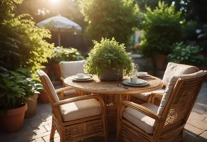 A cozy outdoor patio with a rattan dining set, surrounded by lush greenery and colorful potted plants. The sun is shining, casting a warm glow on the furniture