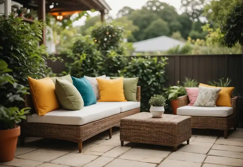 A cozy outdoor setting with rattan furniture, adorned with colorful cushions and a matching umbrella. Surrounding greenery and a warm, inviting ambiance complete the scene