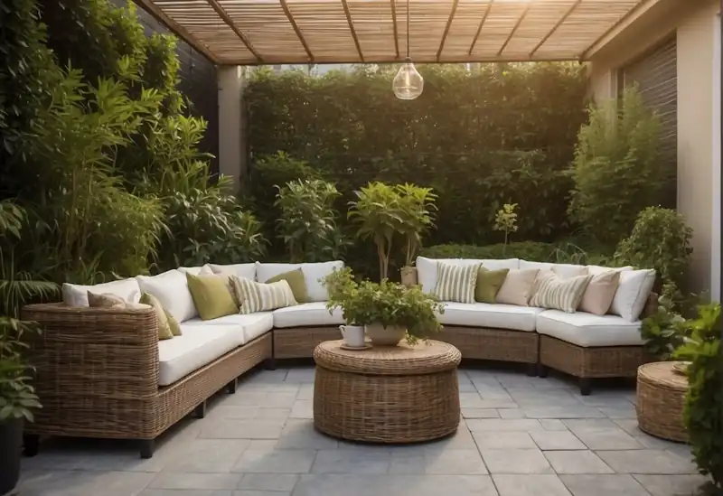 A cosy outdoor setting with rattan furniture arranged on a patio. Lush greenery surrounds the area, creating a peaceful and inviting atmosphere