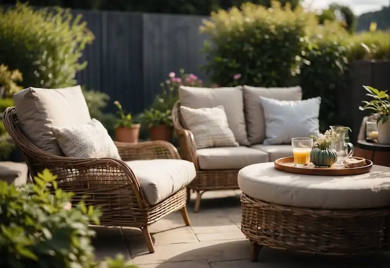 A cozy outdoor space with rattan furniture arranged for comfort and functionality on a budget. A table and chairs set, along with a comfortable sofa and cushions, are placed strategically for maximum outdoor utility