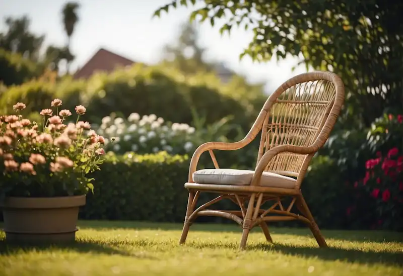 A sturdy rattan chair with a sleek design sits on a lush green lawn, surrounded by vibrant flowers and a cozy outdoor setting