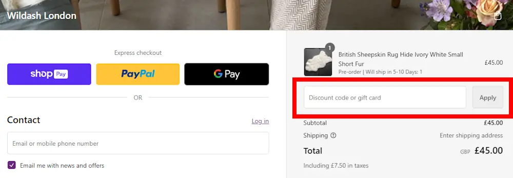 Instructions how to enter a discount code for Wildash London on www.wildash.london