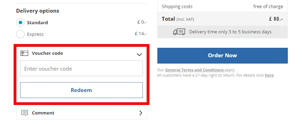 Screenshot showing where to apply a Blue Tomato promo code during checkout on www.blue-tomato.com.