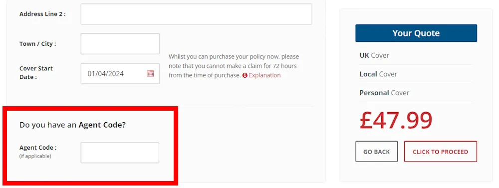 Screenshot showing where to apply a Breakdown Assist promo code during checkout on www.breakdownassist.co.uk.
