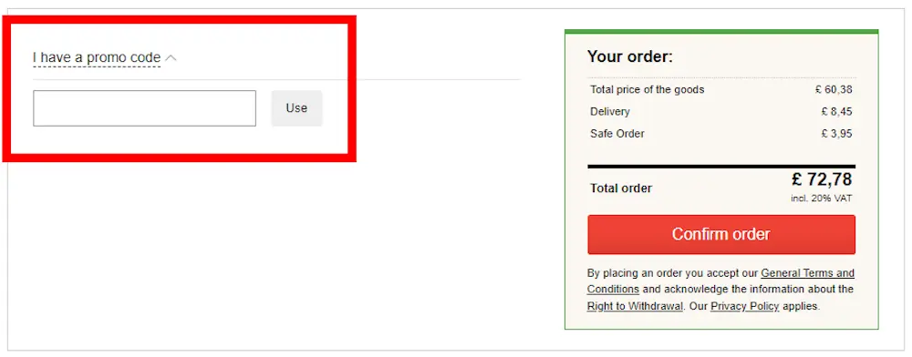 Screenshot showing where to apply a buycarparts promo code during checkout on www.buycarparts.co.uk.