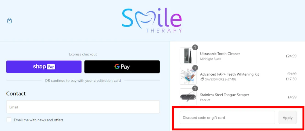 Instructions on how to use a Smile Therapy discount code at checkout on https://www.smile-therapy.co.uk/