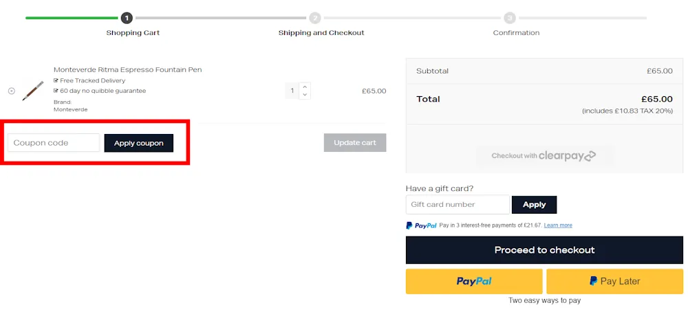 Image of how to enter The Pen Shop voucher code on www.penshop.co.uk