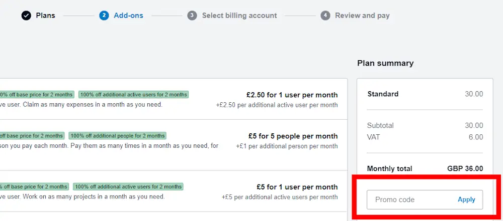 Screenshot showing where to apply a xero code on www.xero.com