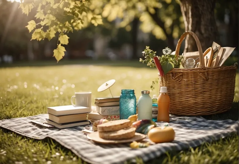 A picnic blanket spread out under a shady tree, surrounded by art supplies, gardening tools, a book, and a bicycle. Sunlight filters through the leaves, creating a peaceful and inviting atmosphere for affordable summer hobbies