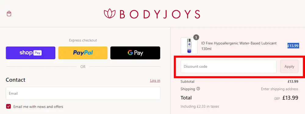 Screenshot showing where to apply a Bodyjoys promo code during checkout on bodyjoys.co.uk.