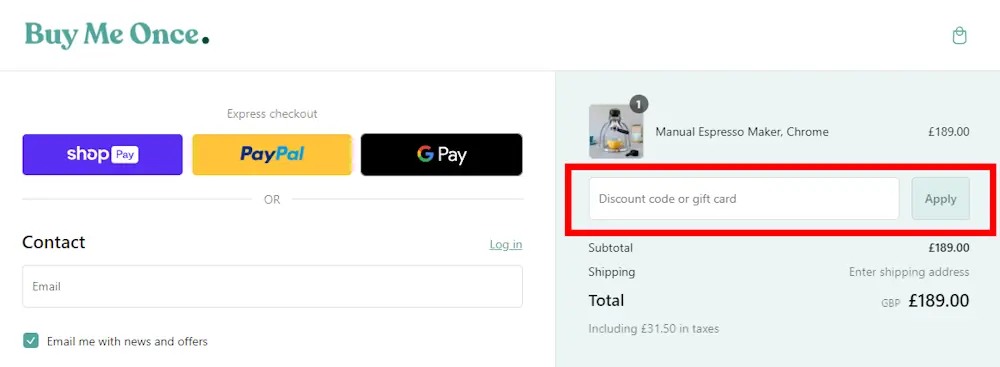 Screenshot showing where to apply a Buy Me Once promo code during checkout on www.buymeonce.co.uk.