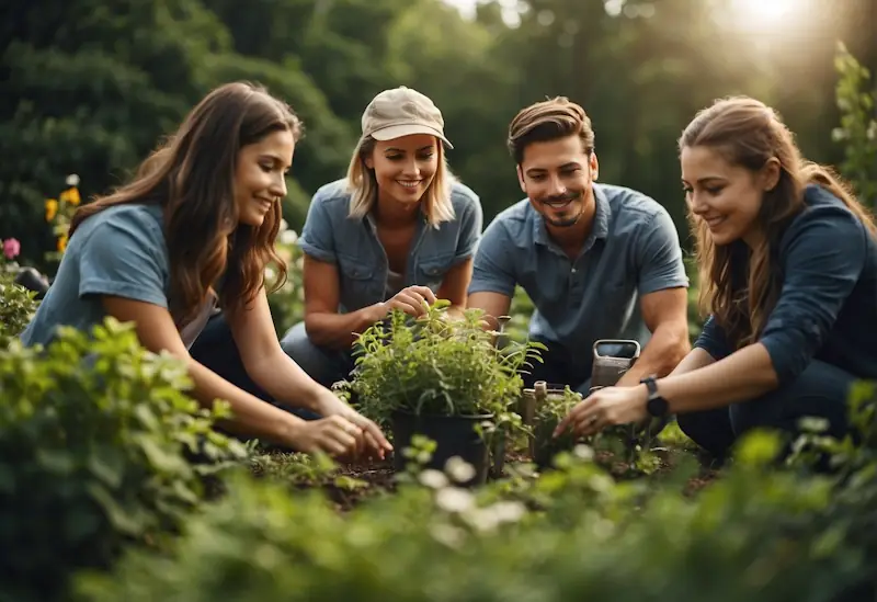 A group of people engaged in various affordable summer hobbies, such as gardening, hiking, painting, and photography, while participating in friendly competitions and challenges