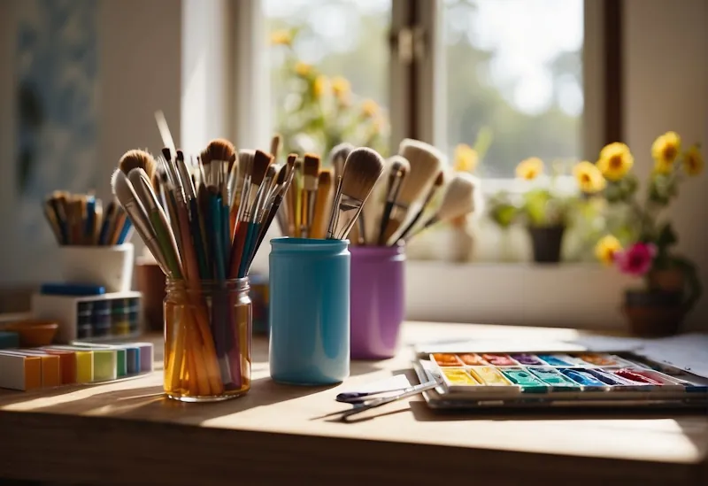 A colourful array of art supplies scattered on a sun-drenched table, with a blank canvas and paintbrushes waiting to be used. The room is filled with natural light, and a gentle breeze flows through an open window