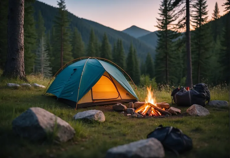 A colourful camping scene with a tent, campfire, and hiking gear surrounded by lush green trees and a clear blue sky
