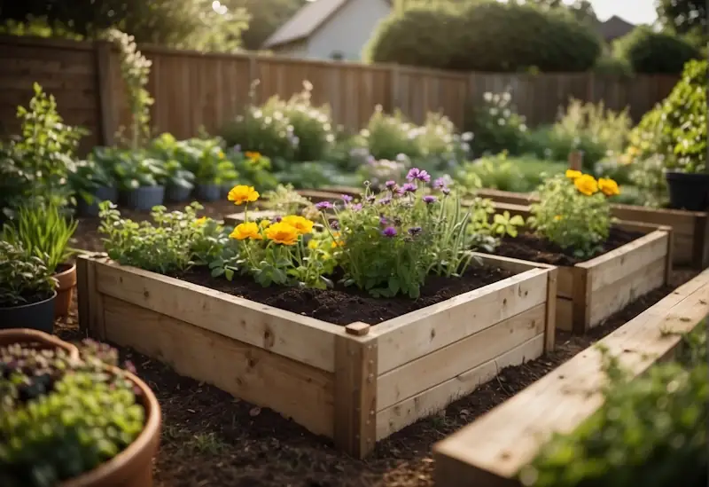 A small, well-kept garden with DIY compost bins, recycled planters, and simple tools. A mix of flowers, herbs, and vegetables grow in raised beds and containers