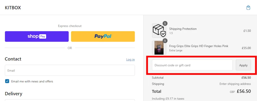 Screenshot of checkout and where to enter a KITBOX voucher code on kitbox.co.