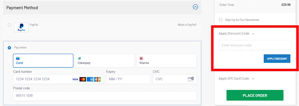 Screenshot showing where to apply a Logs Online promo code during checkout on logsonline.co.uk.