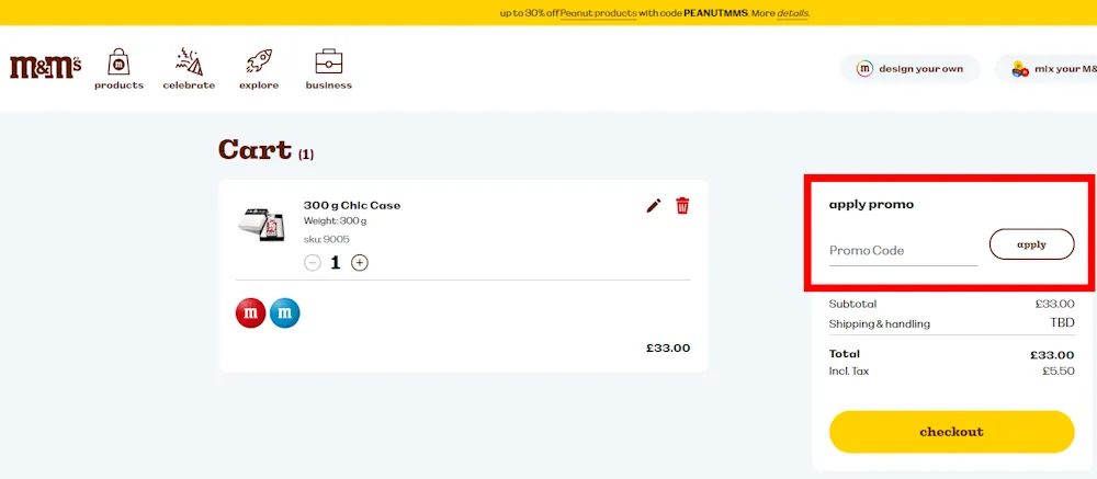 Screenshot showing where to apply a M&M's promo code during checkout on www.mms.com.