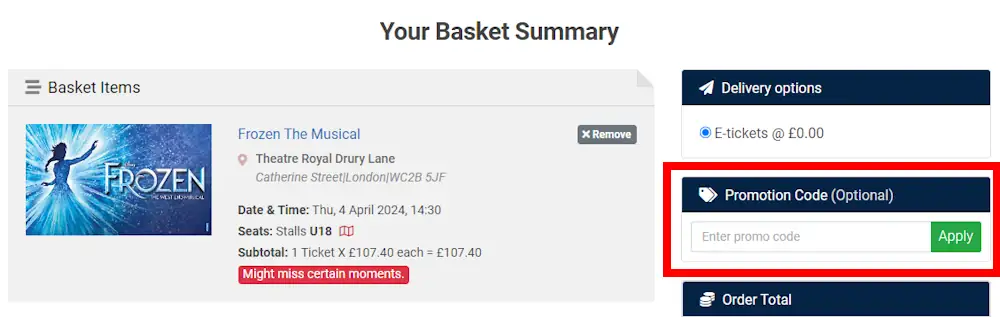 Screenshot showing where to apply a Theatre Tickets Direct code at checkout on www.theatreticketsdirect.co.uk.