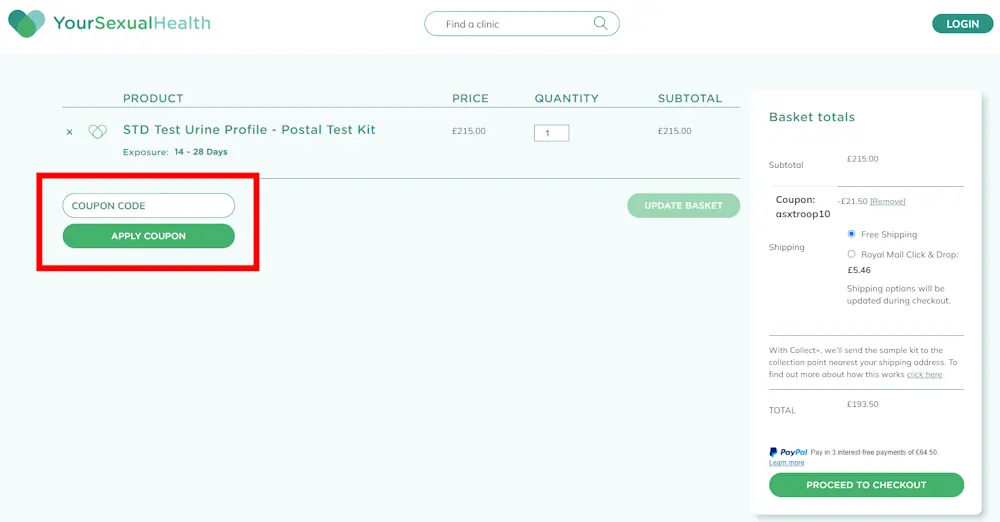 Screenshot on how to use a discount code for Your Sexual Health on www.yoursexualhealth.co.uk