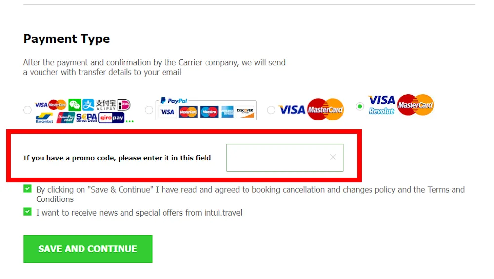 Screenshot showing where to apply a Intui Travel promo code during checkout on en.intui.travel.