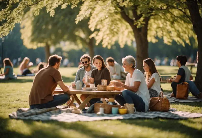A sunny park with people picnicking, reading, and practicing hobbies like painting and gardening. A variety of activities and learning opportunities are visible