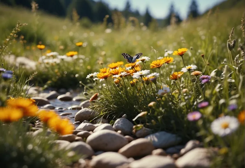 A sunny meadow with a variety of wildflowers and butterflies. A small stream runs through the scene, with someone collecting colourful rocks and seashells
