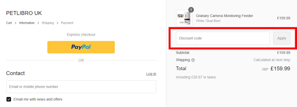 Screenshot showing where to apply a Petlibro promo code during checkout on uk.petlibro.com